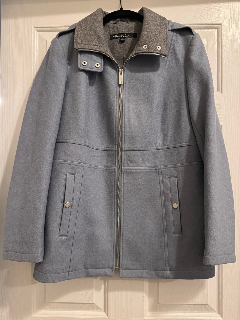 Kenneth Cole New York Powder Blue Wool-Blend Zip Front Pea Coat